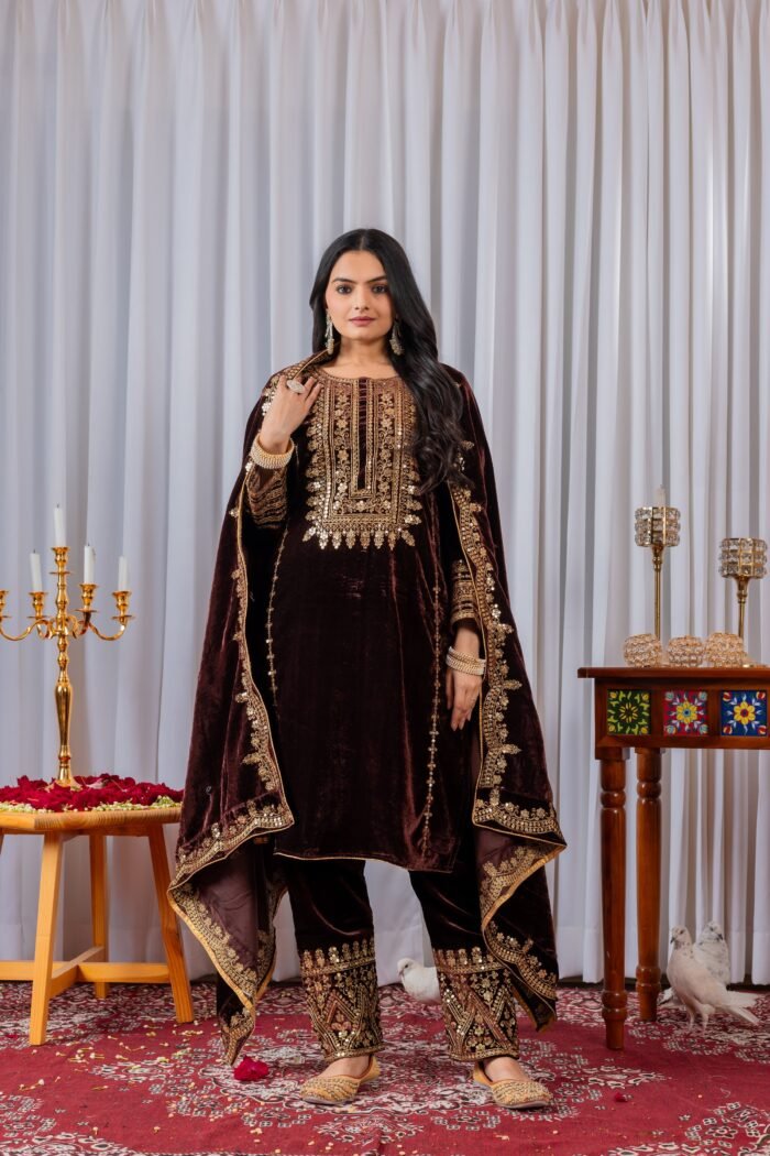 Women's Maroon Color Velvet Designer Embroidery Work Pakistani Suit