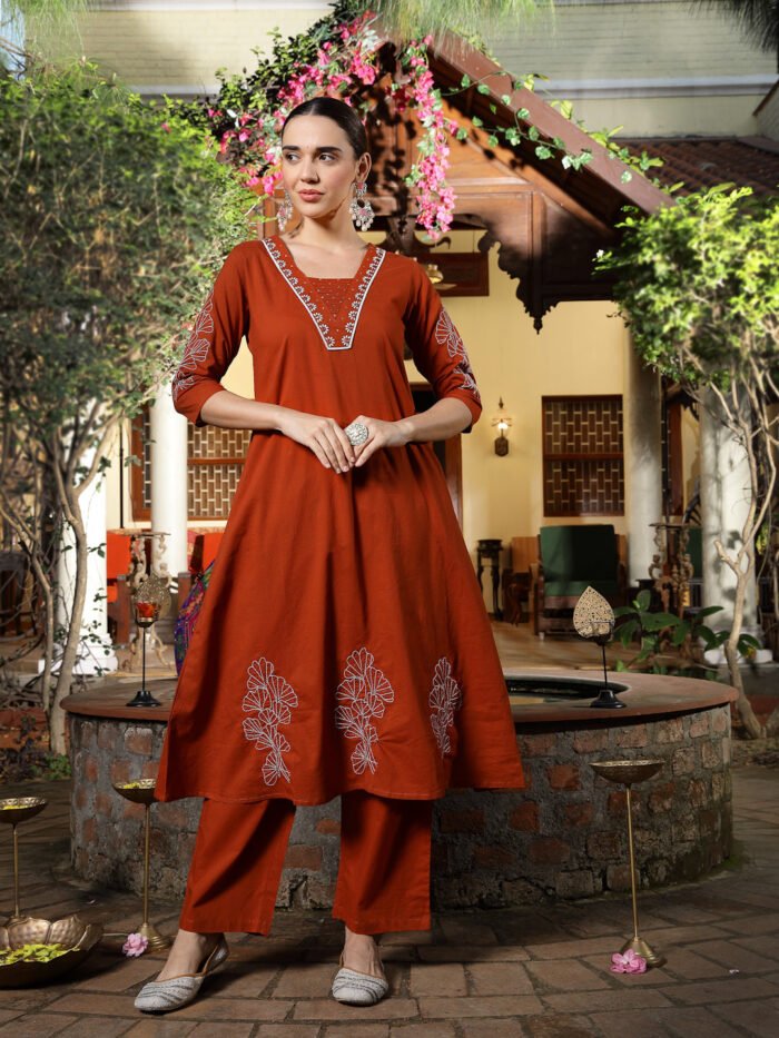women's orange cotton Kurta set