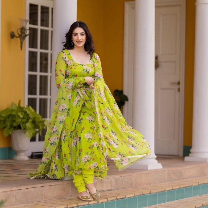 Women's Floral Printed Anarkali Kurta With Churidat & Dupatta