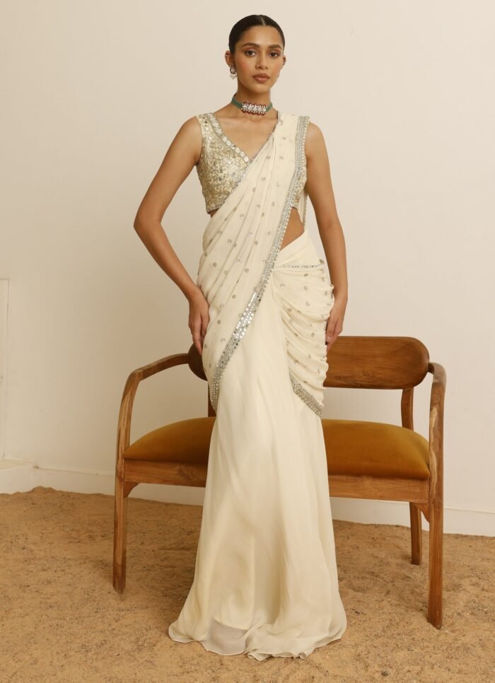 Ivory Mirror Georgette Predraped Saree
