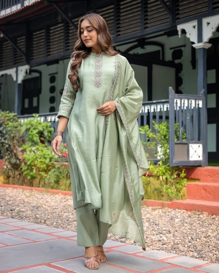 Women's Pista Green Embroidery Worked Kurta With Pant And Duppata Set