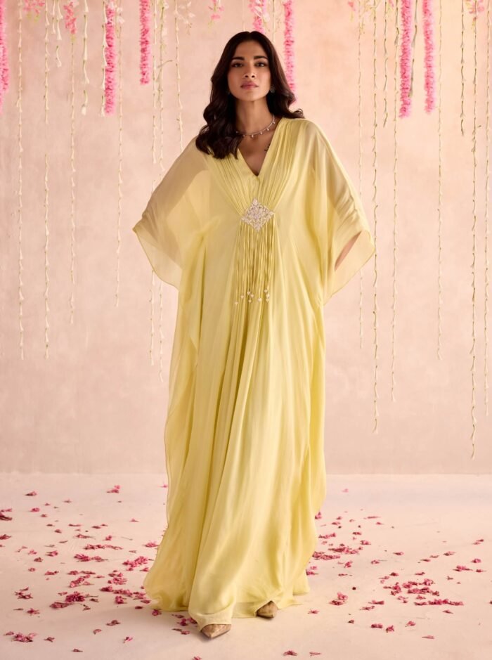 Lemon yellow embellished full-length draped kaftan