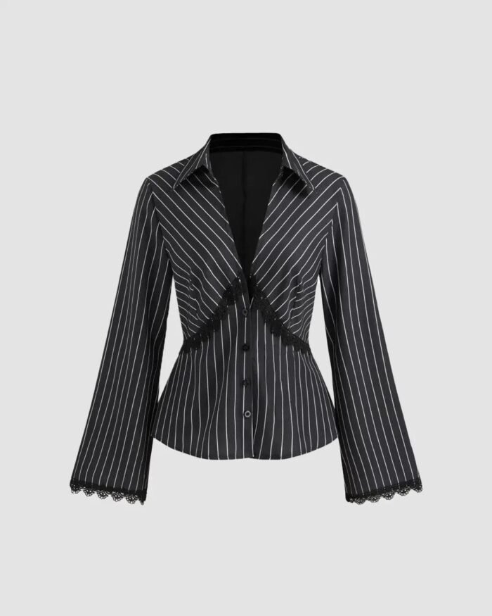 Lace Trim Collared Neck Full Sleeve Striped Shirt in Black