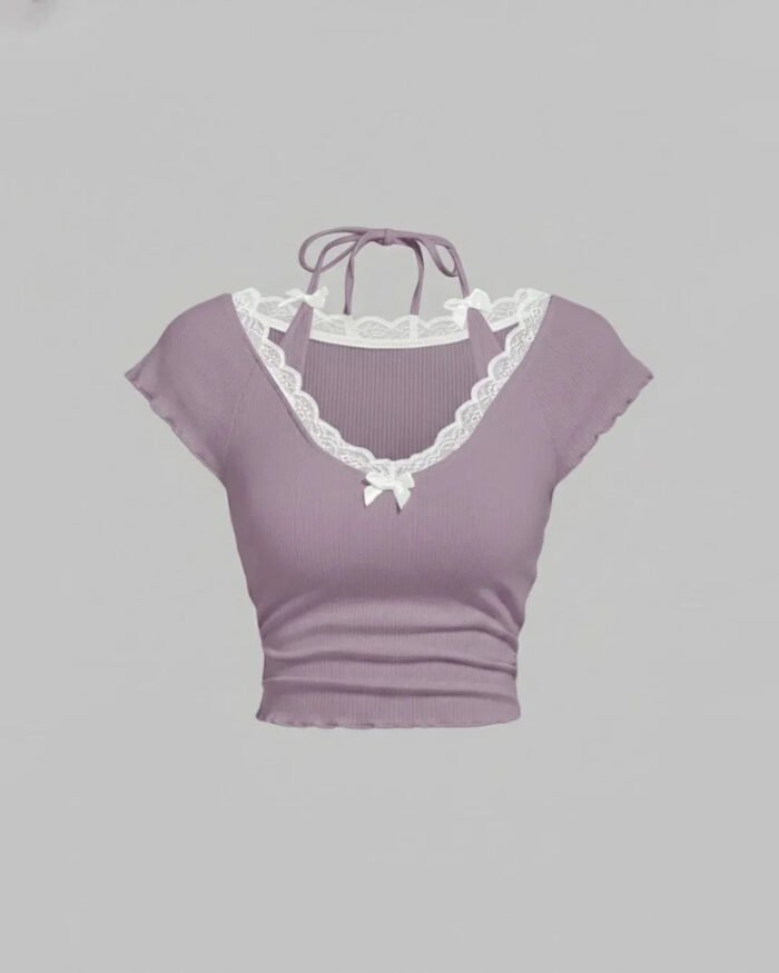 Lace Trim Halter Tie Neck in Lilac