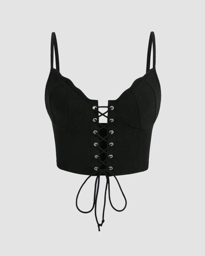 Lace Up Front Cami Top In Black