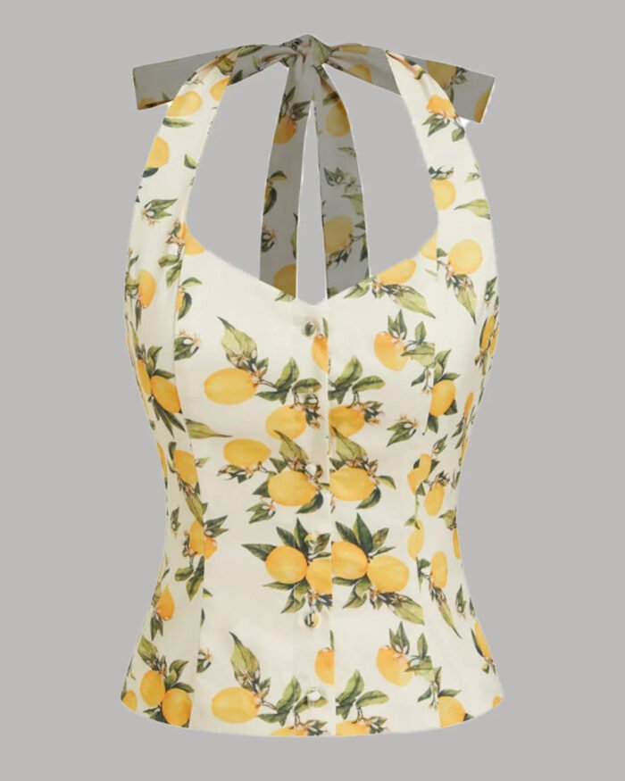 Lemon Print Ruched Halter Neck Top