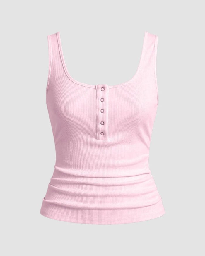 Light Pink Ribbed Scoop Neck Tank Top with Buttons