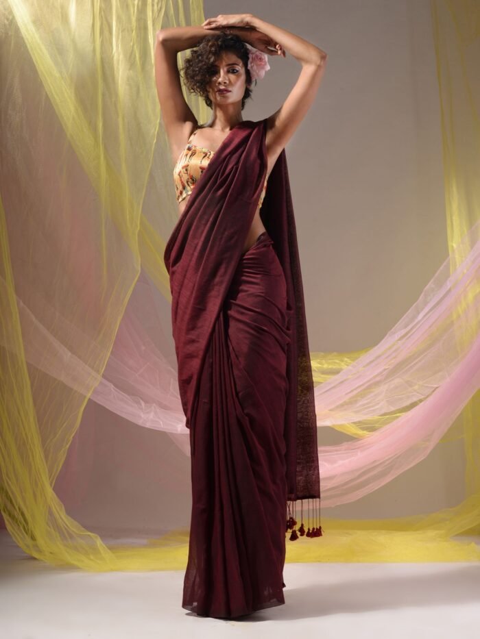 Women's Maroon Cotton Handspun Soft Saree With Pompom
