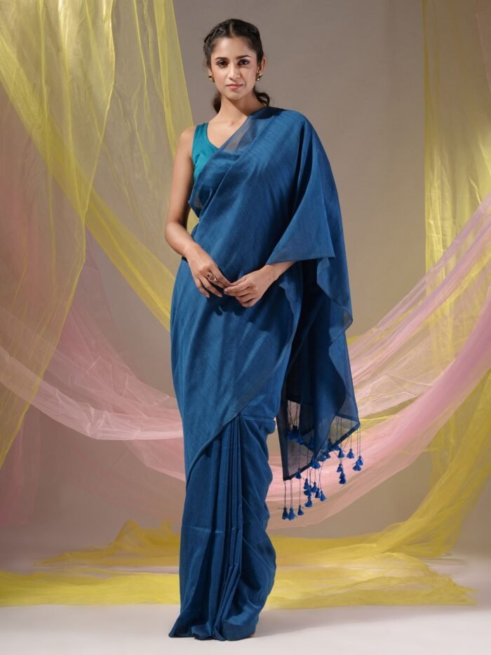 Women's Yale Blue Cotton Handspun Soft Saree With Pompom