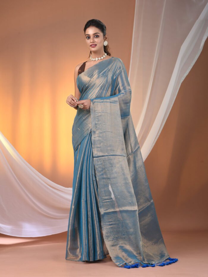 Women's Blue Tissue Soft Saree With Pompom