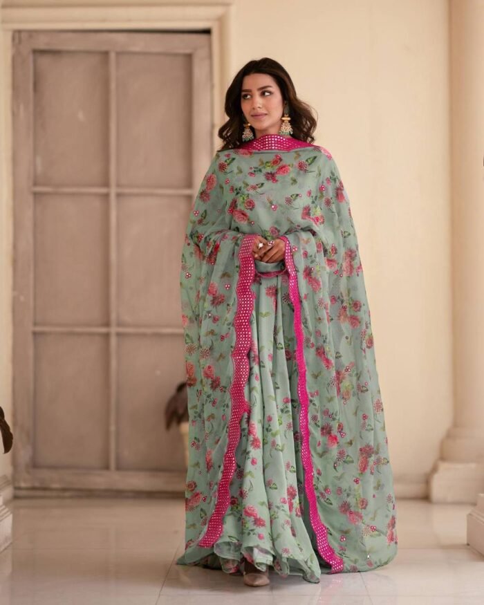 Women's Pista CHINON Digital Print Anarkali Kurta Pant With Dupatta