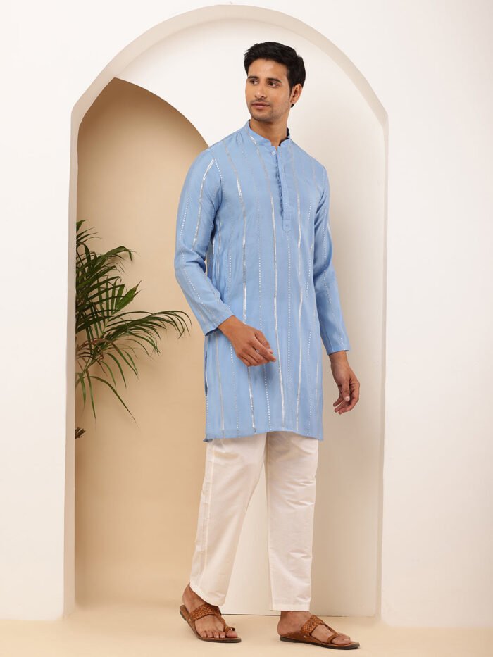 Men's Blue Cotton Solid Kurta