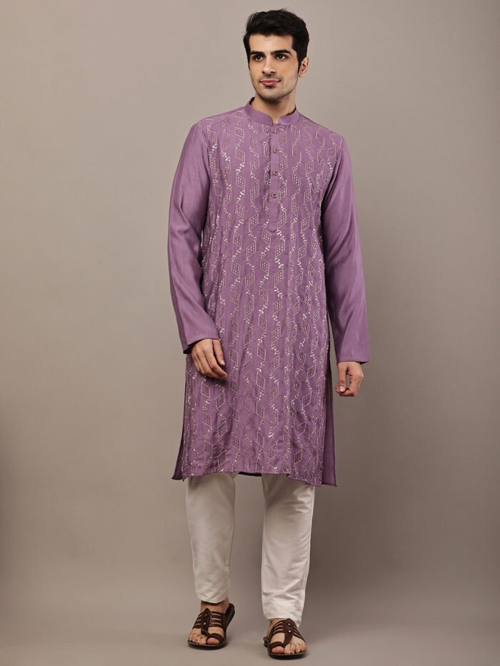 Men's Straight Lavender Viscose Silk Embroidery Kurta Full Sleeve