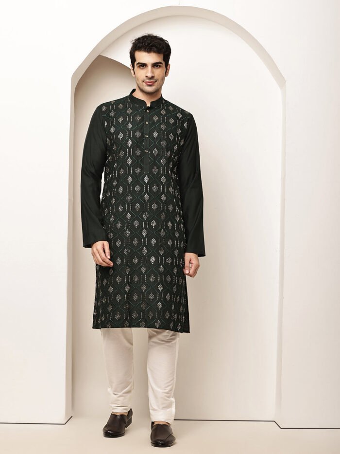 Men's Straight Green Viscose Silk Embroidery Kurta Full Sleeve
