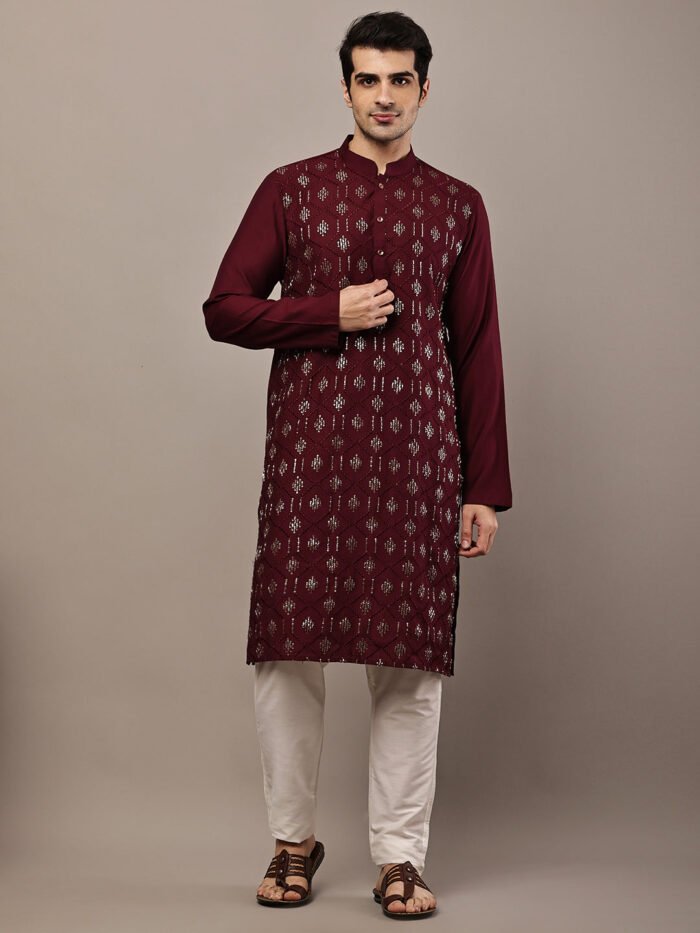 Men's Straight Maroon Viscose Silk Embroidery Kurta Full Sleeve