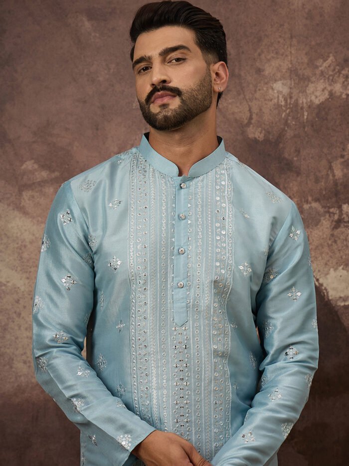 Men's Ethnic Bay Blue Silk Blend Solid Embroidered Straight Kurta
