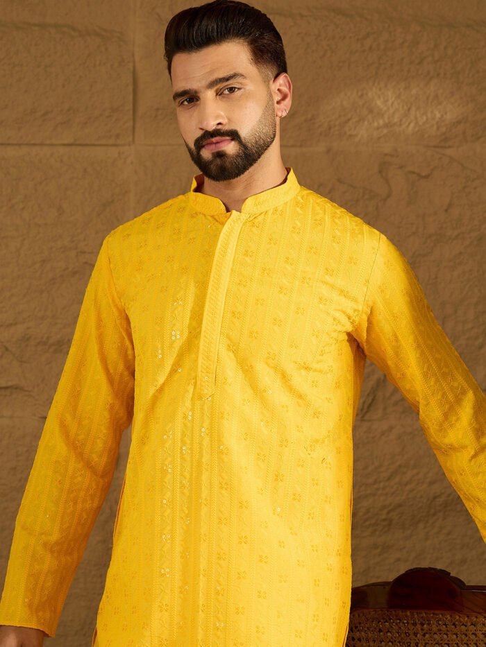 Men's Yellow Viscose Rayon Solid Embroidered Straight Kurta