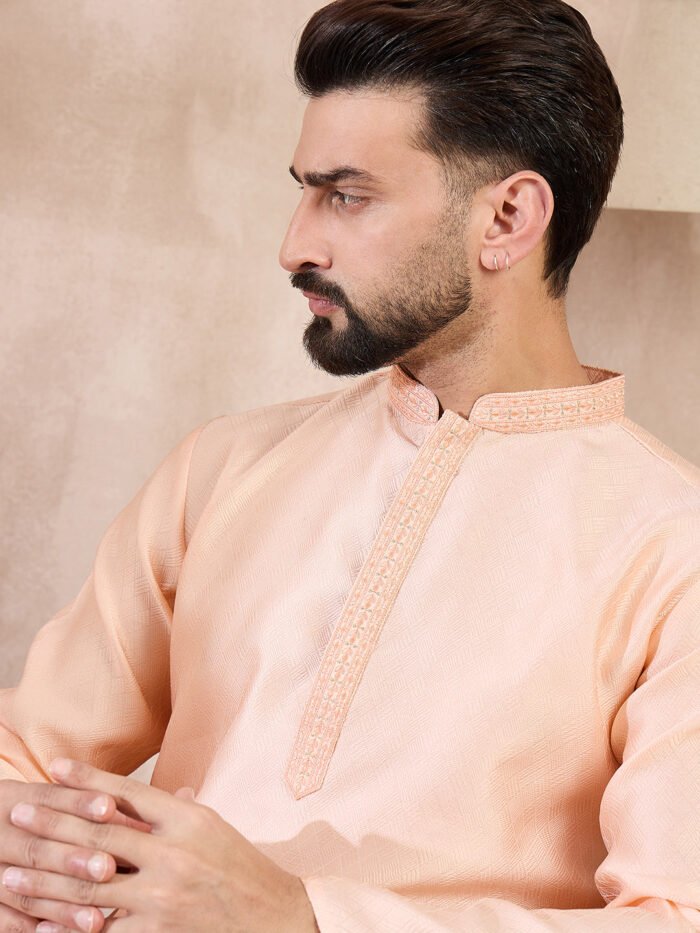 Men's Peach Silk Blend Solid Embroidered Straight Kurta