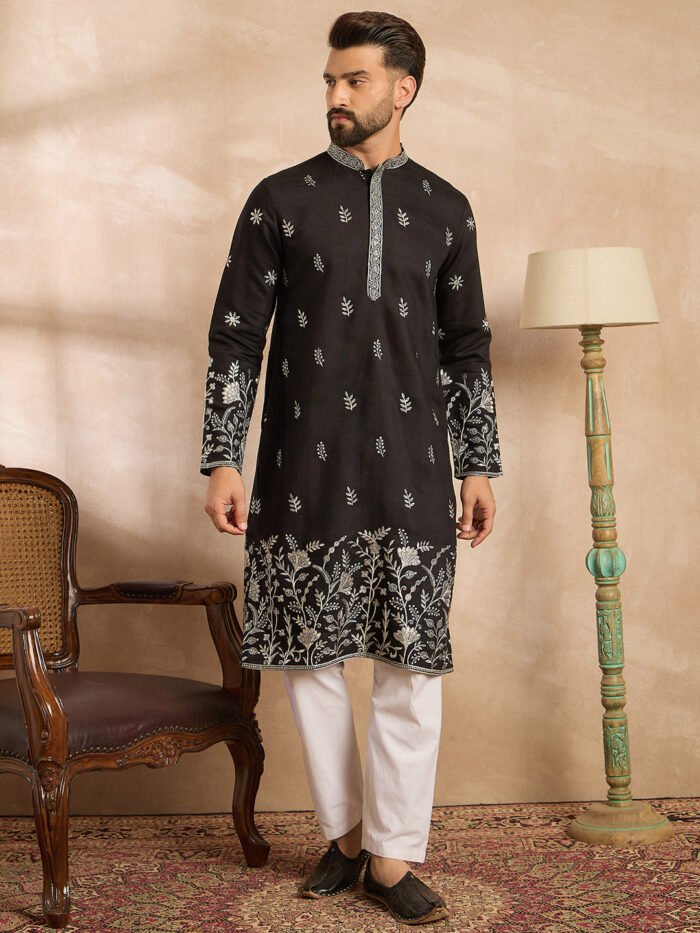 Men's Black Silk Blend Solid Embroidered Straight Kurta