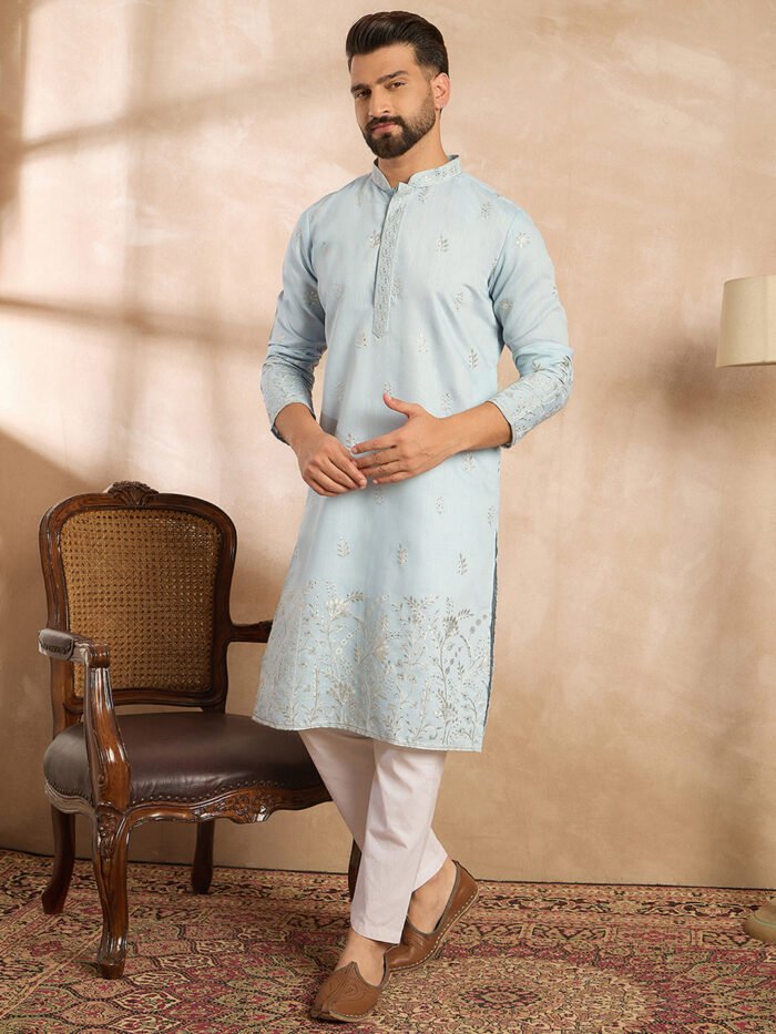 Men's Blue Silk Blend Solid Embroidered Straight Kurta