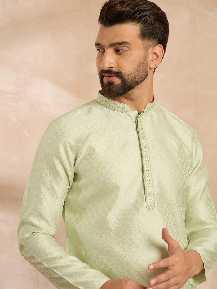 Men's Teal Polyester Solid Embroidered Straight Kurta