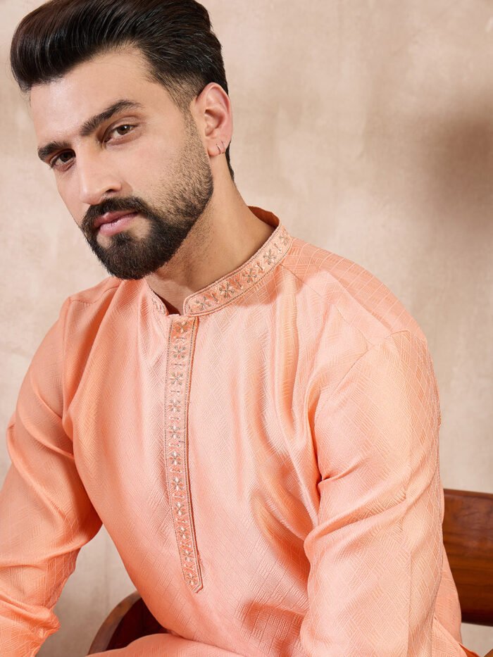 Men's Peach Silk Blend Solid Embroidered Straight Kurta