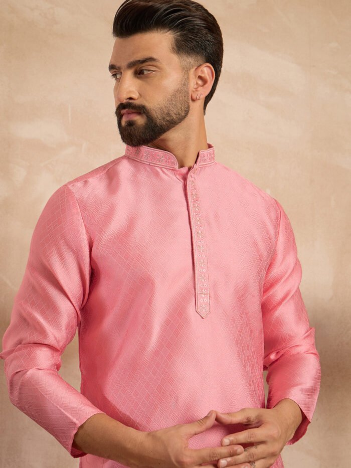 Men's Pink Polyester Solid Embroidered Straight Kurta