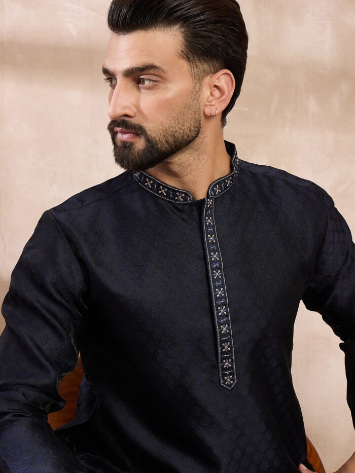 Men's Navy Blue Silk Blend Solid Woven Design Straight Kurta