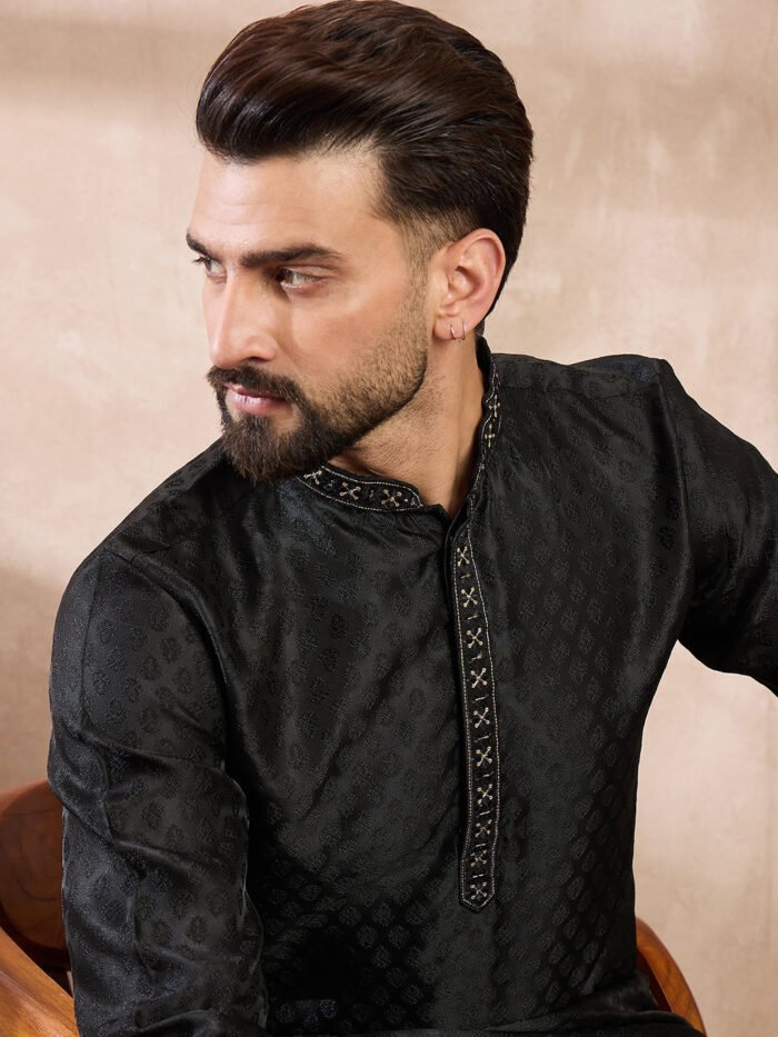 Men's Black Silk Blend Solid Woven Design Straight Kurta
