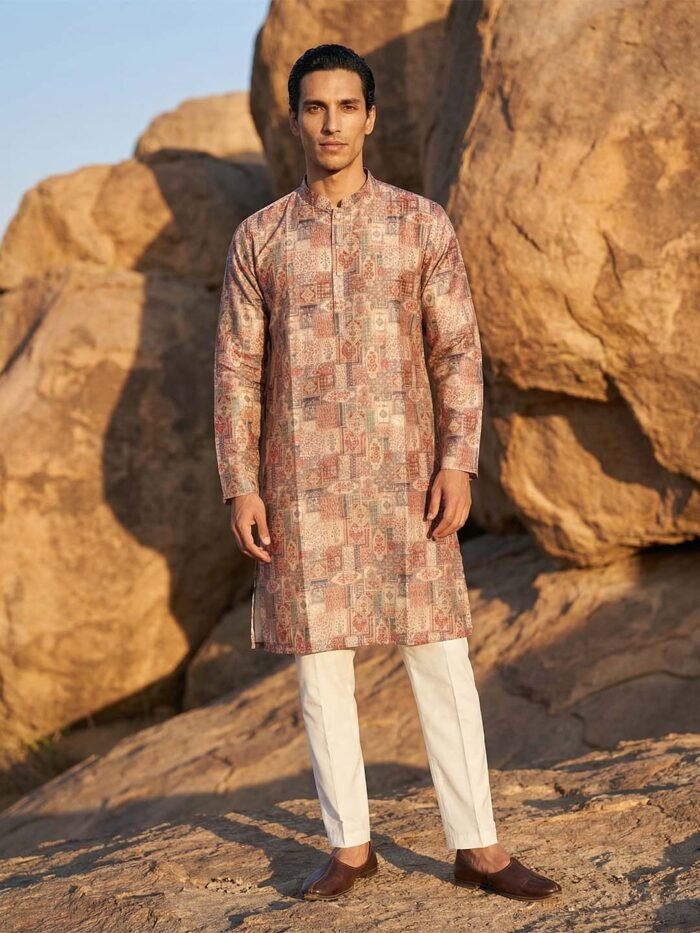 Men's Multi Color Silk Blend Printed Kurta