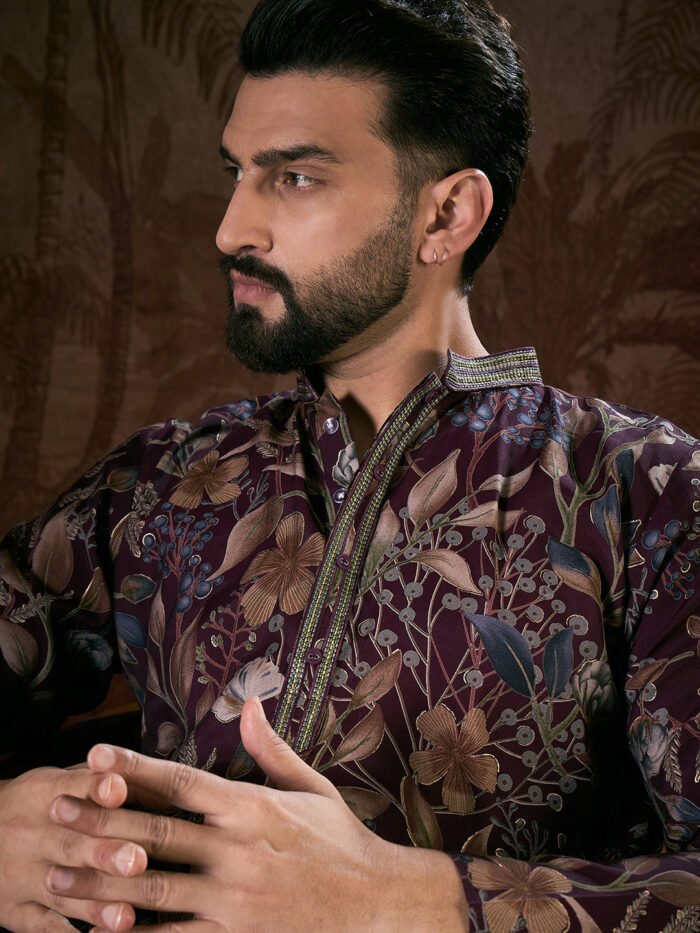 Men's Purple Silk Blend Floral Printed Straight Kurta