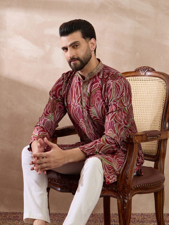 Men's Red Silk Blend Printed Mandarin Collar Straight Kurta