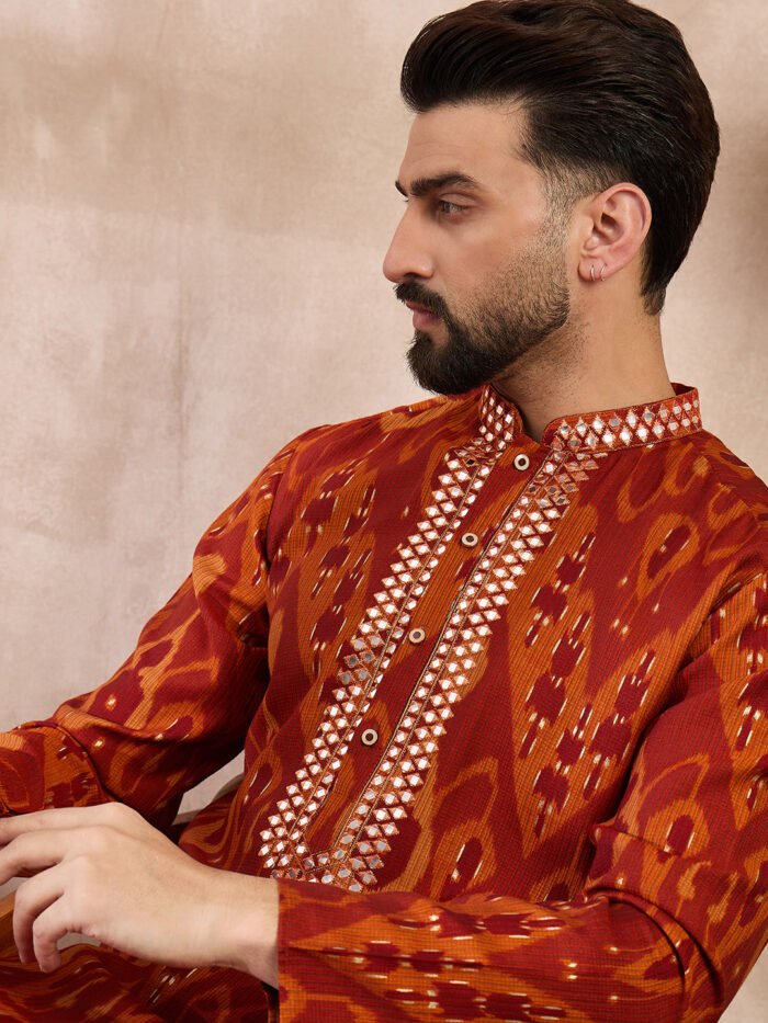 Men's Orange Silk Blend Chevron Printed Straight Kurta