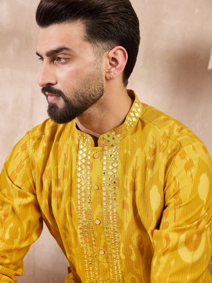 Men's Yellow Viscose Rayon Chevron Printed Straight Kurta