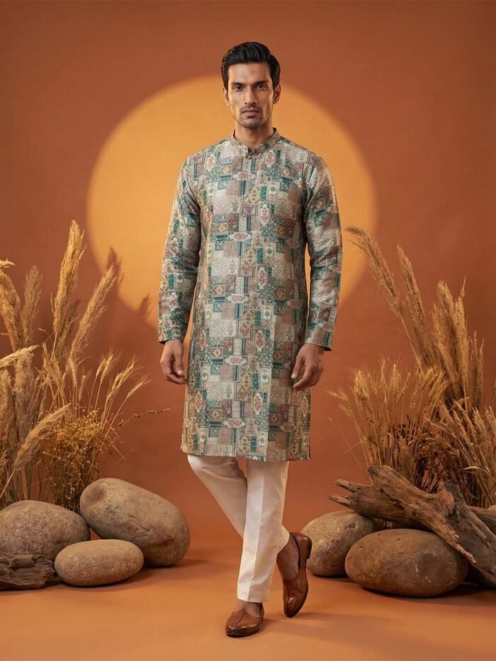 Men's Multi Color Silk Blend Printed Kurta