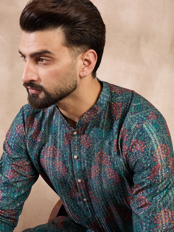 Men's Blue Silk Blend Floral Printed Straight Kurta