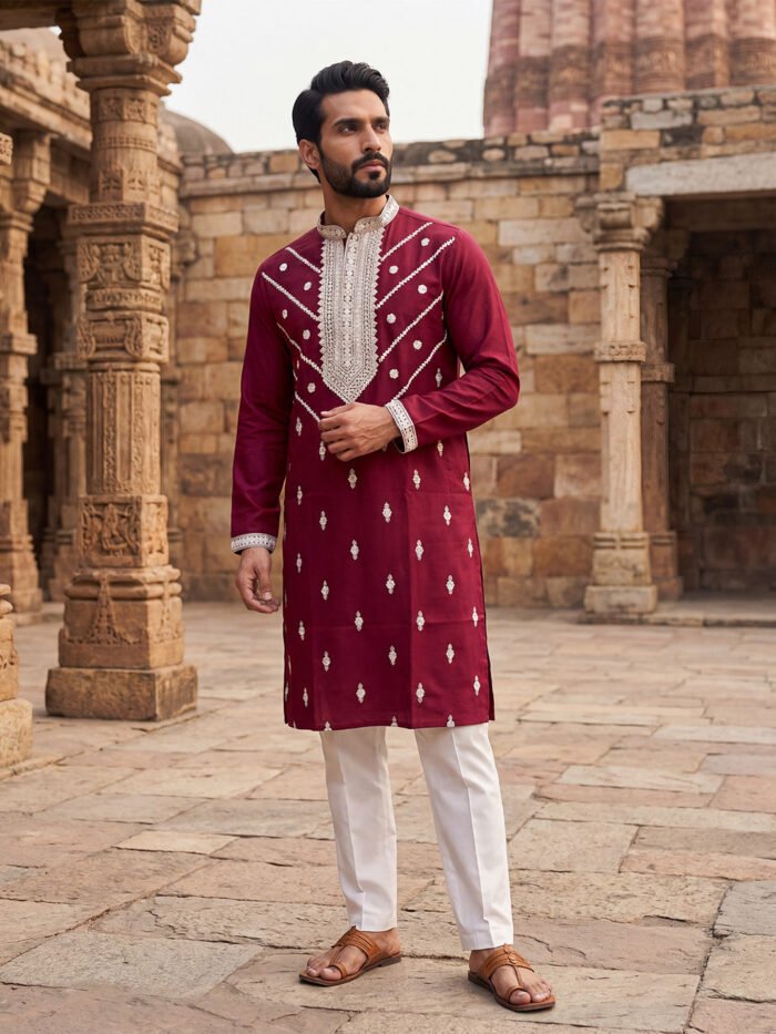 Men's Maroon Silk Blend Embroidered Kurta