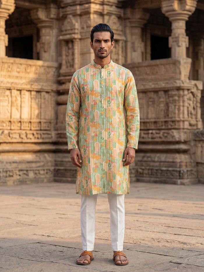 Men's Green Silk Blend Printed Kurta