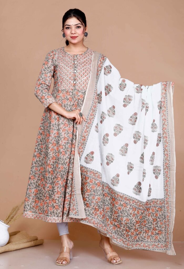 Women's Partywear Brown Floral Printed Gota Work Long Anarkali With Dupatta Set