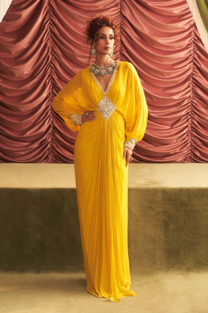 Kavita yellow embellished draped full length dress