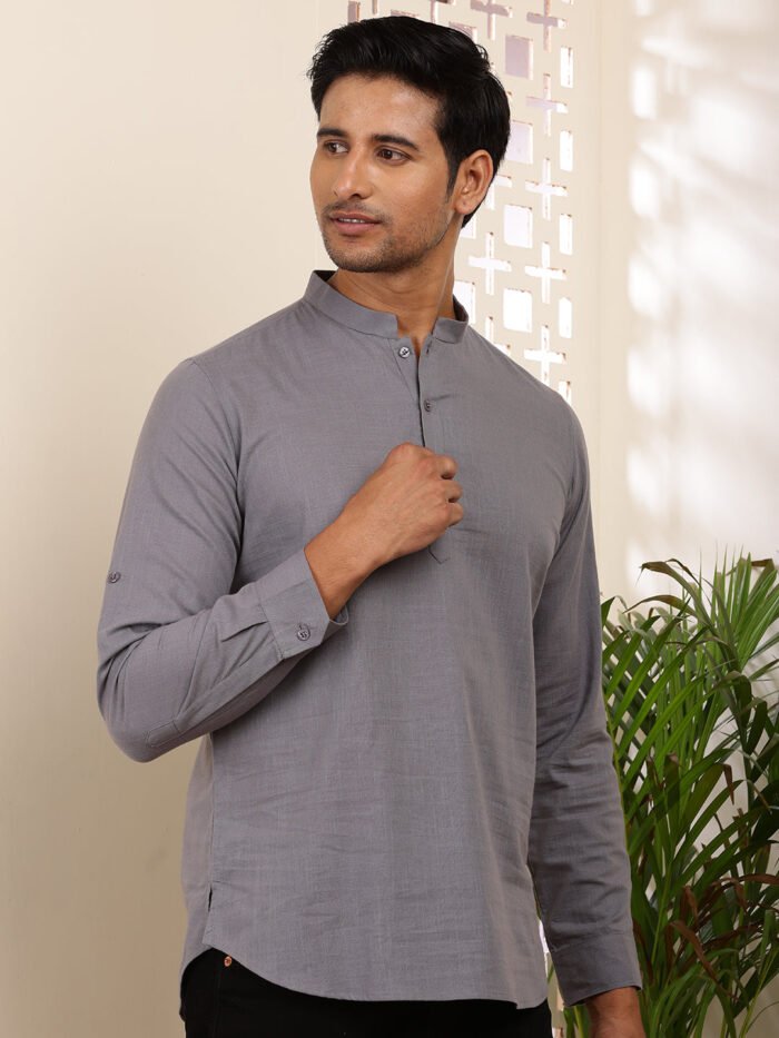 Men's Grey Cotton Solid Kurta