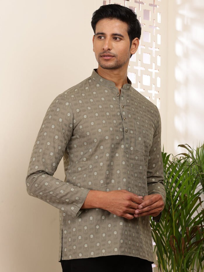 Men's Olive Cotton Embroidered Kurta
