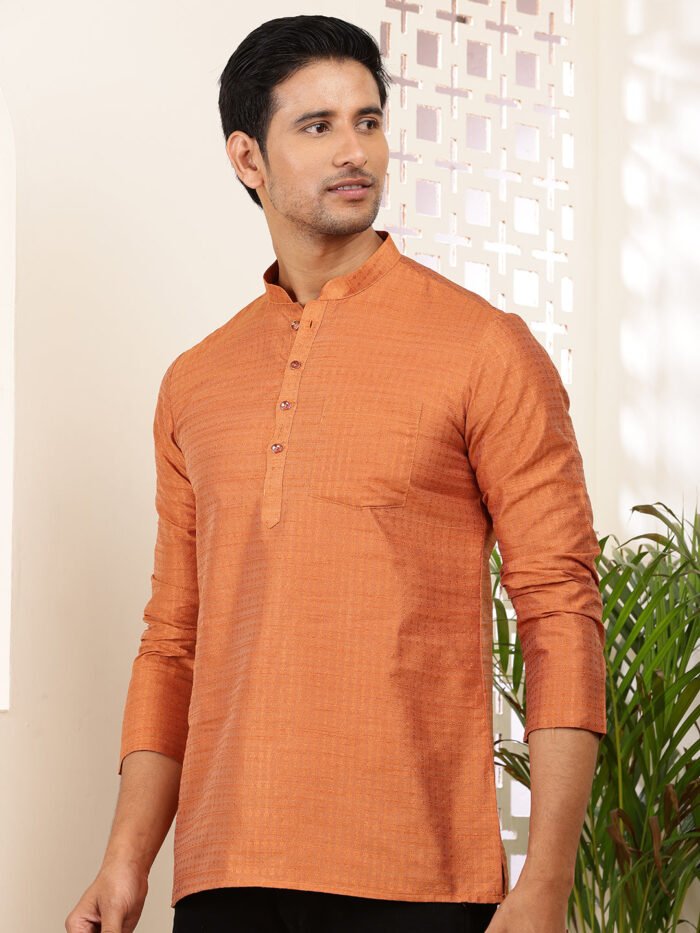 Men's Rust Orange Viscose Rayon Textured Kurta