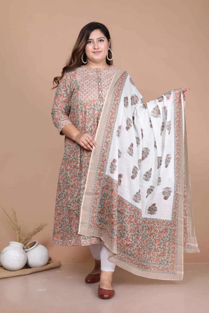 Women's Partywear Brown Floral Printed Gota Work Long Anarkali With Dupatta Set
