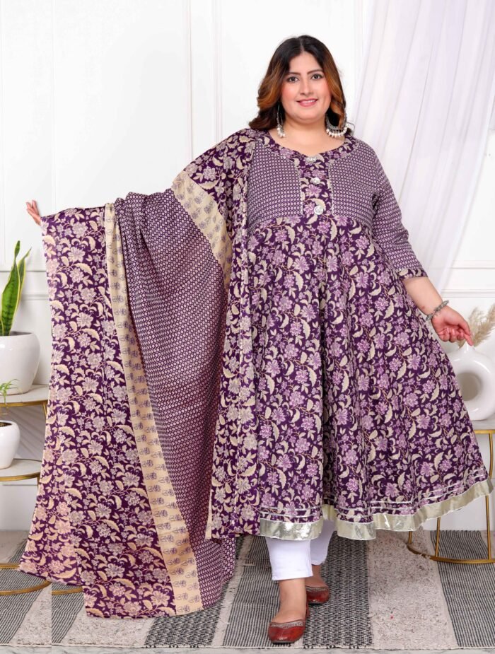Women's Purple Cotton Floral Gota Lace Work Anarkali Kurta And Dupatta