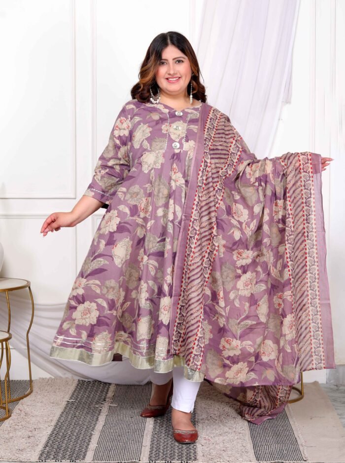 Women's Purple Flower Printed With Beautiful Lace Border Details Anarkali Kurta With Dupatta Set