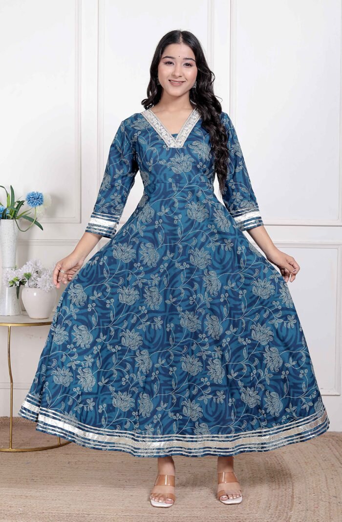 Women's Blue Cotton Embroidered Neck Anarkali Kurta