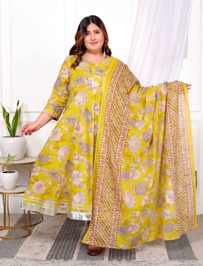 Women's Cotton Gotapatti And Lace Border Details Floral Printed Yellow Anarkali Kurta And Dupatta Set