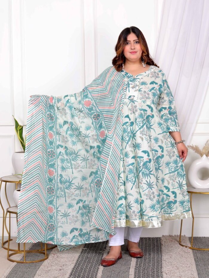 Women's Light Green Cotton Birds And Leaf Floral Printed And Lace Border Details Anarkali Kurta And Dupatta Set