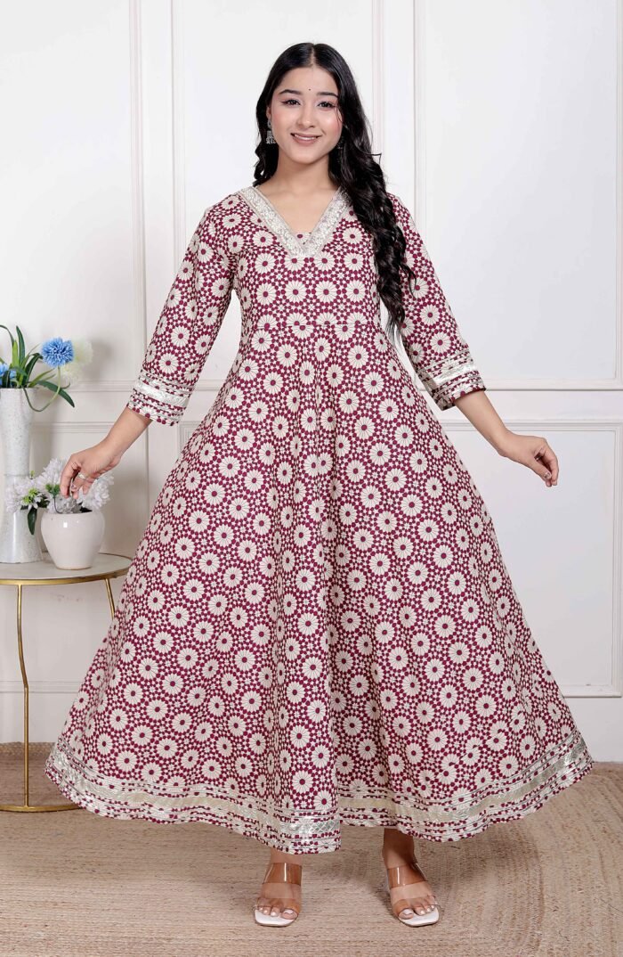 Women's Cream Embroidered Cotton Anarkali Kurta?